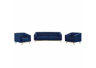 Image for Navy Valiant Vertical Channel Tufted Upholstered Performance Velvet 3 Piece Set