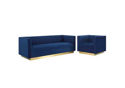 Image for Navy Sanguine Vertical Channel Tufted Upholstered Performance Velvet Sofa and Armchair Set