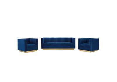 Image for Navy Sanguine 3 Piece Vertical Channel Tufted Upholstered Performance Velvet Set