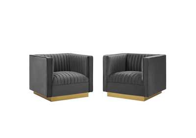 Image for Gray Sanguine Vertical Channel Tufted Upholstered Performance Velvet Arm Chair [Set of 2]