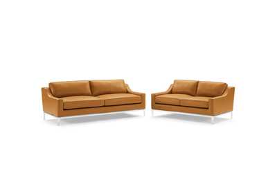 Image for Tan Harness Stainless Steel Base Leather Sofa and Loveseat Set