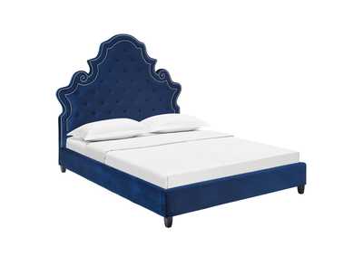 Image for Navy Valentina Queen Tufted Nailhead Performance Velvet Platform Bed