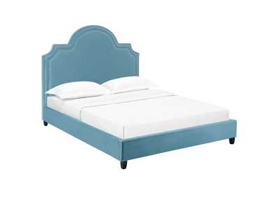 Image for Sea Blue Primrose Queen Performance Velvet Platform Bed