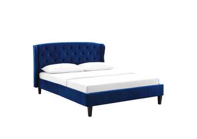 Image for Navy Penelope Tufted Wingback Queen Performance Velvet Platform Bed