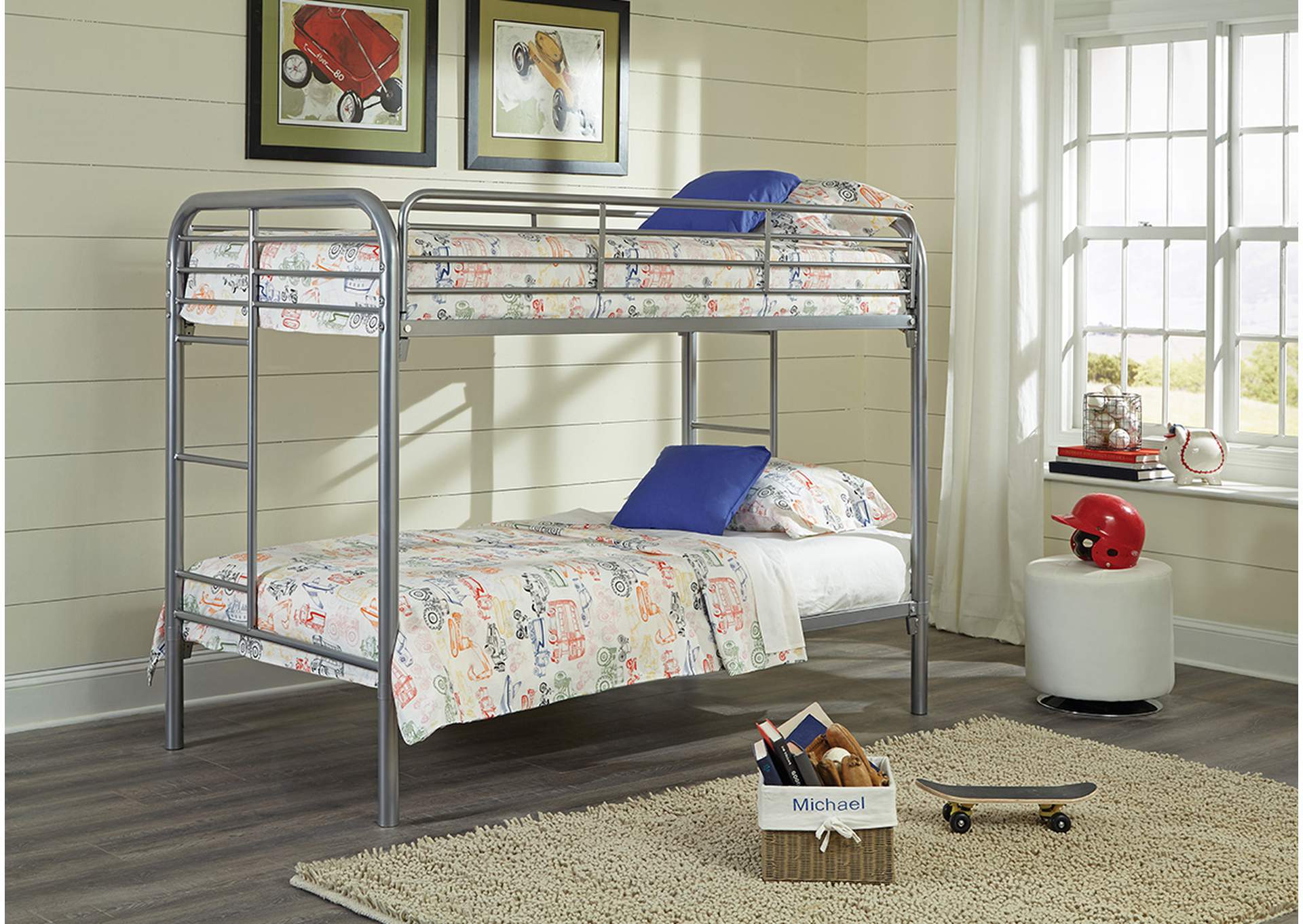 S480 Twin - Twin Grey Tubular Metal Bunkbed,Nationwide