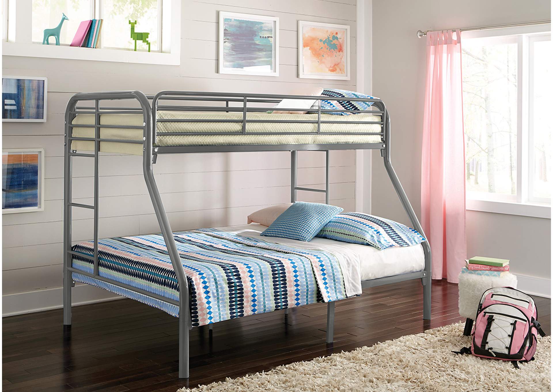 S490 Twin - Full Grey Tubular Metal Bunkbed,Nationwide