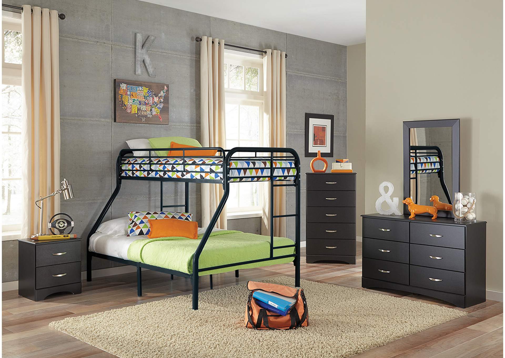 S495 Twin - Full Black Tubular Metal Bunkbed,Nationwide