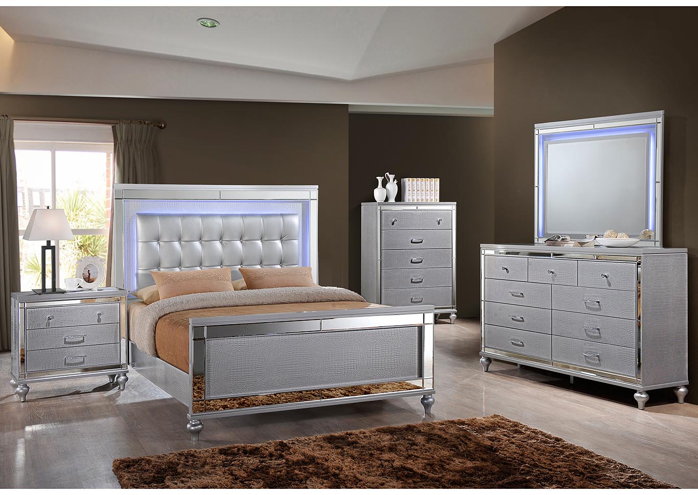 Valentino Silver Twin Bed w/Dresser and Mirror,New Classic