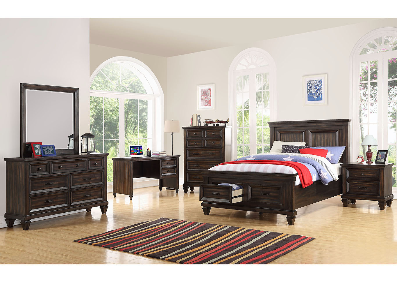 Sevilla Distressed Walnut Full Storage Panel Bed w/Dresser And Mirror,New Classic
