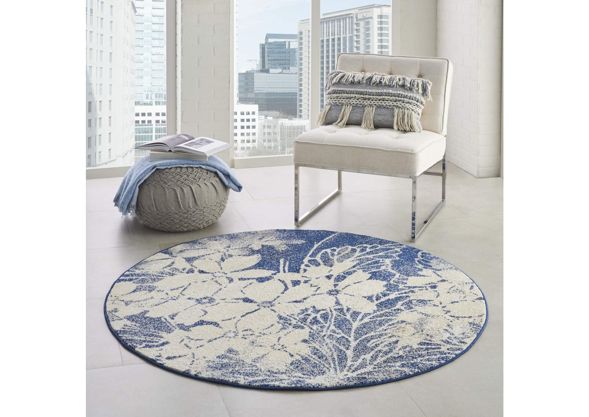 Nourison Tranquil TRA08 Navy Blue and Grey 5' Round Ombre Floral Area Rug,Nourison