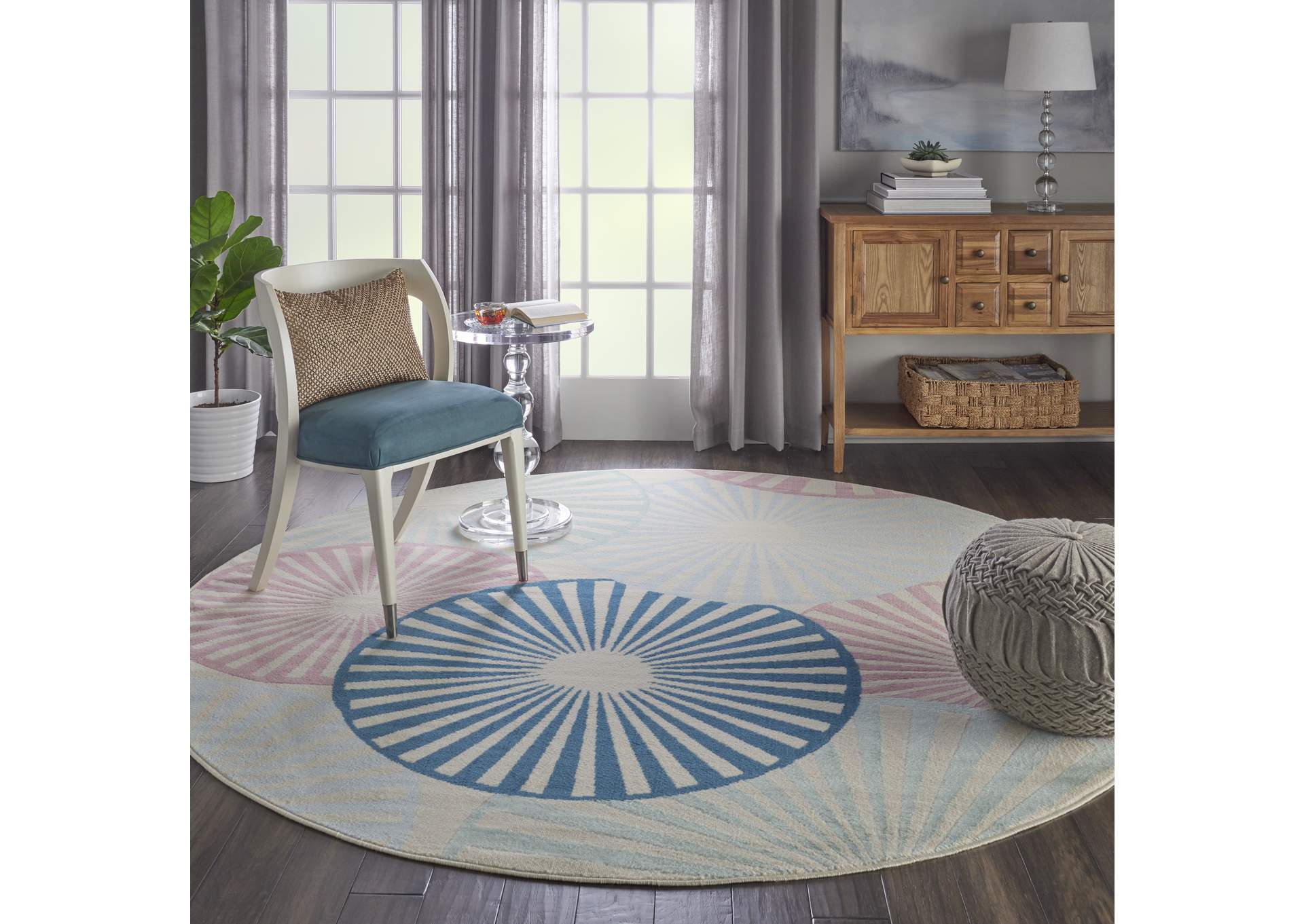 Nourison Grafix GRF20 White and Blue 8' Round Large Rug,Nourison