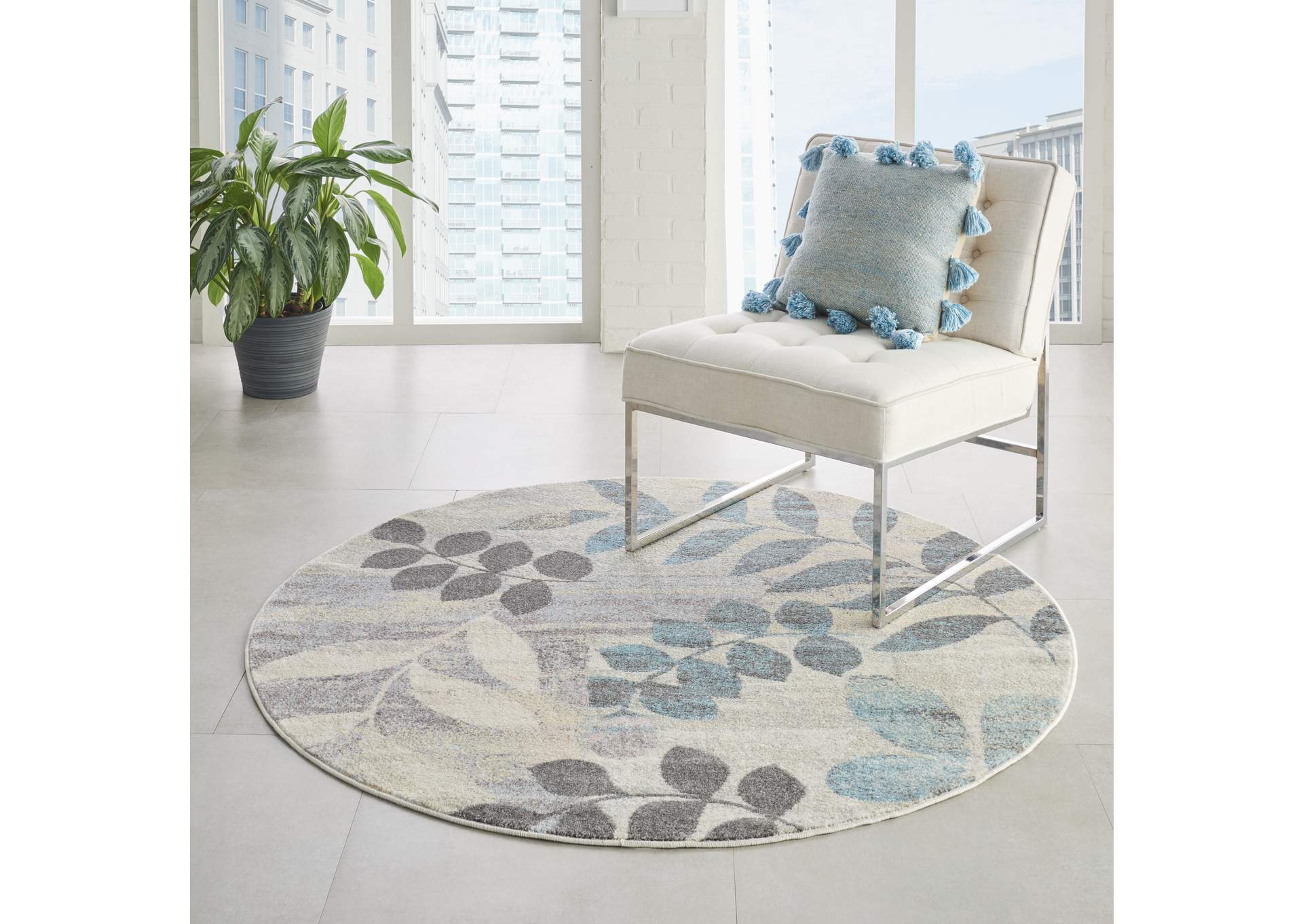 Nourison Tranquil 5' Round White and Blue Farmhouse Area Rug,Nourison