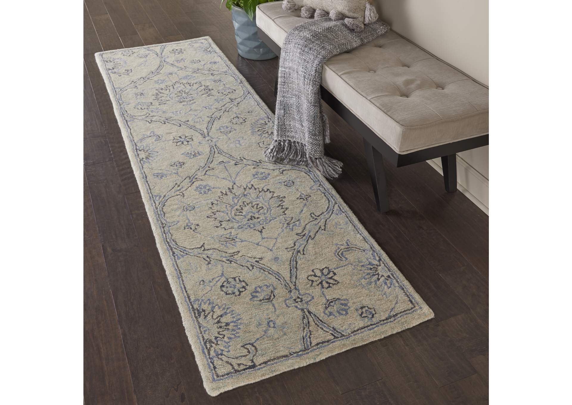 Nourison Jazmine JAZ03 Ivory and Blue 8' Runner Wool Hallway Rug,Nourison