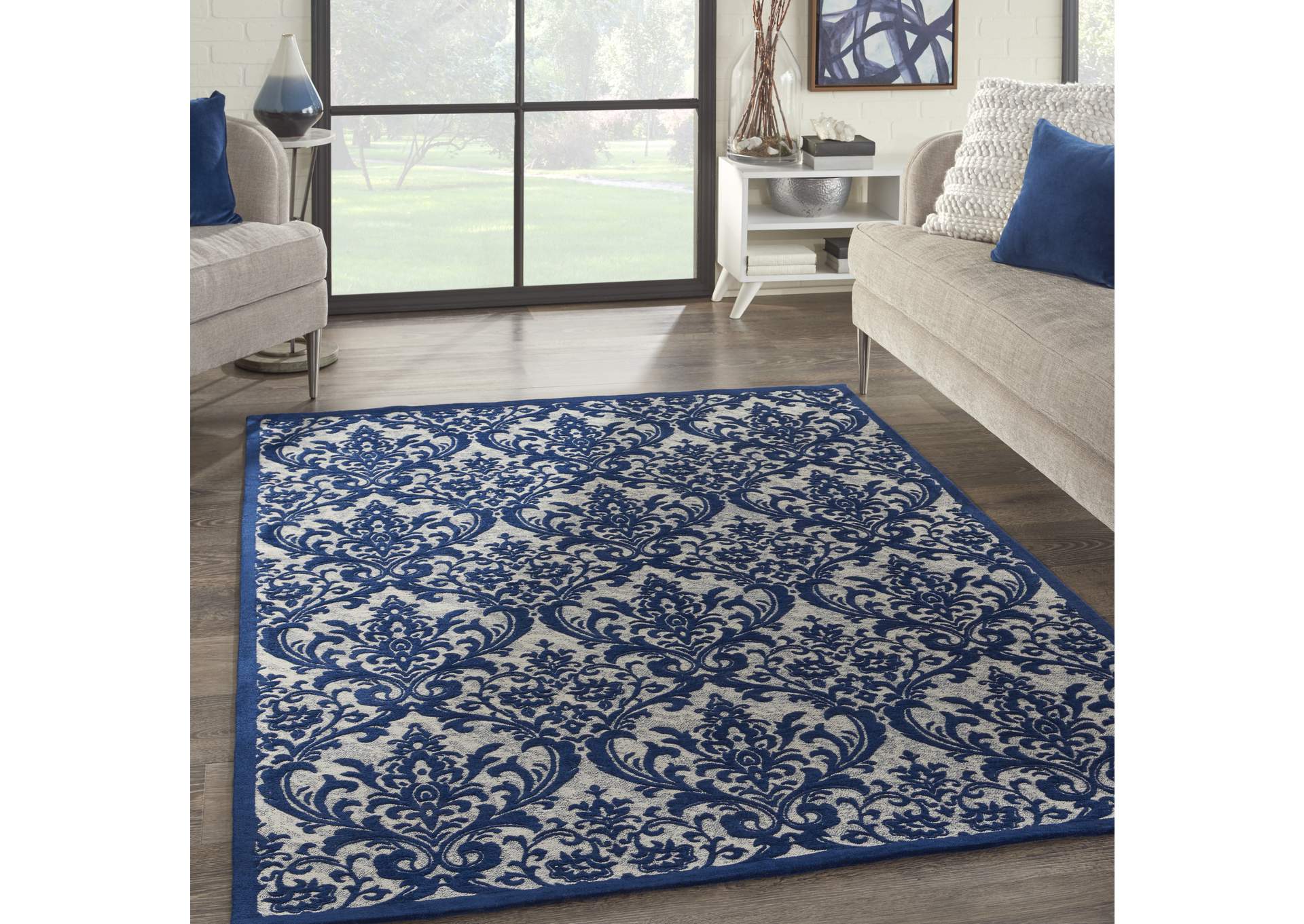 Nourison Damask DAS02 Dark Blue and White 5'x7' Vintage Area Rug,Nourison