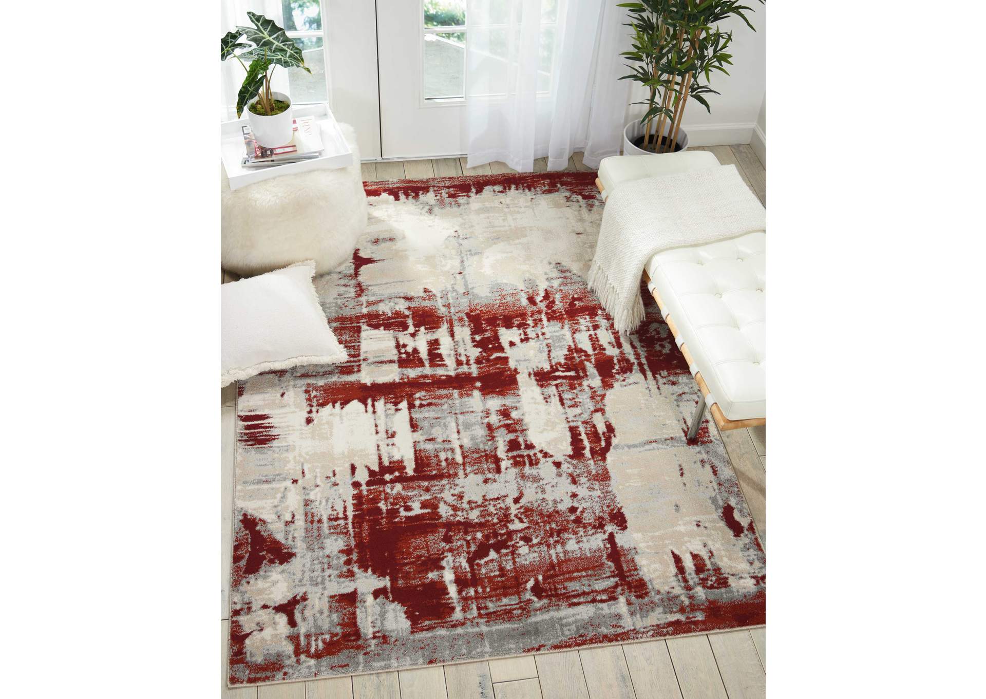 Nourison Maxell MAE14 White and Red 5'x7' Area Rug,Nourison