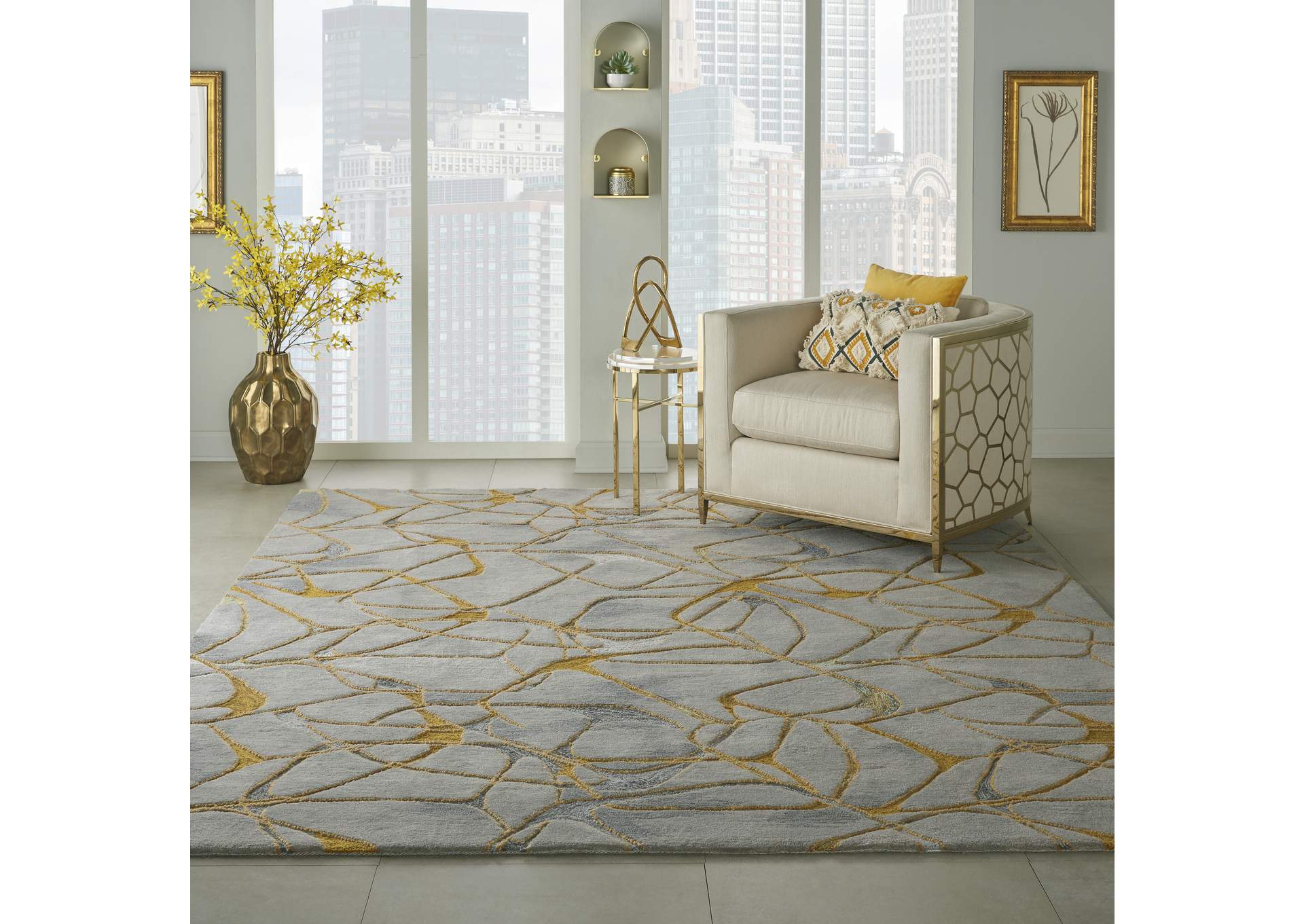 Nourison Symmetry SMM05 Gold and Grey 8'x10' Large Textured Rug,Nourison