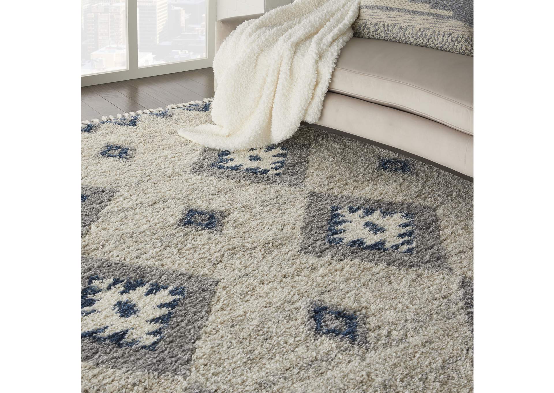 Nourison Oslo Shag OSL03 9'x12' Oversized Ivory and Blue Scandinavian Shag Rug,Nourison