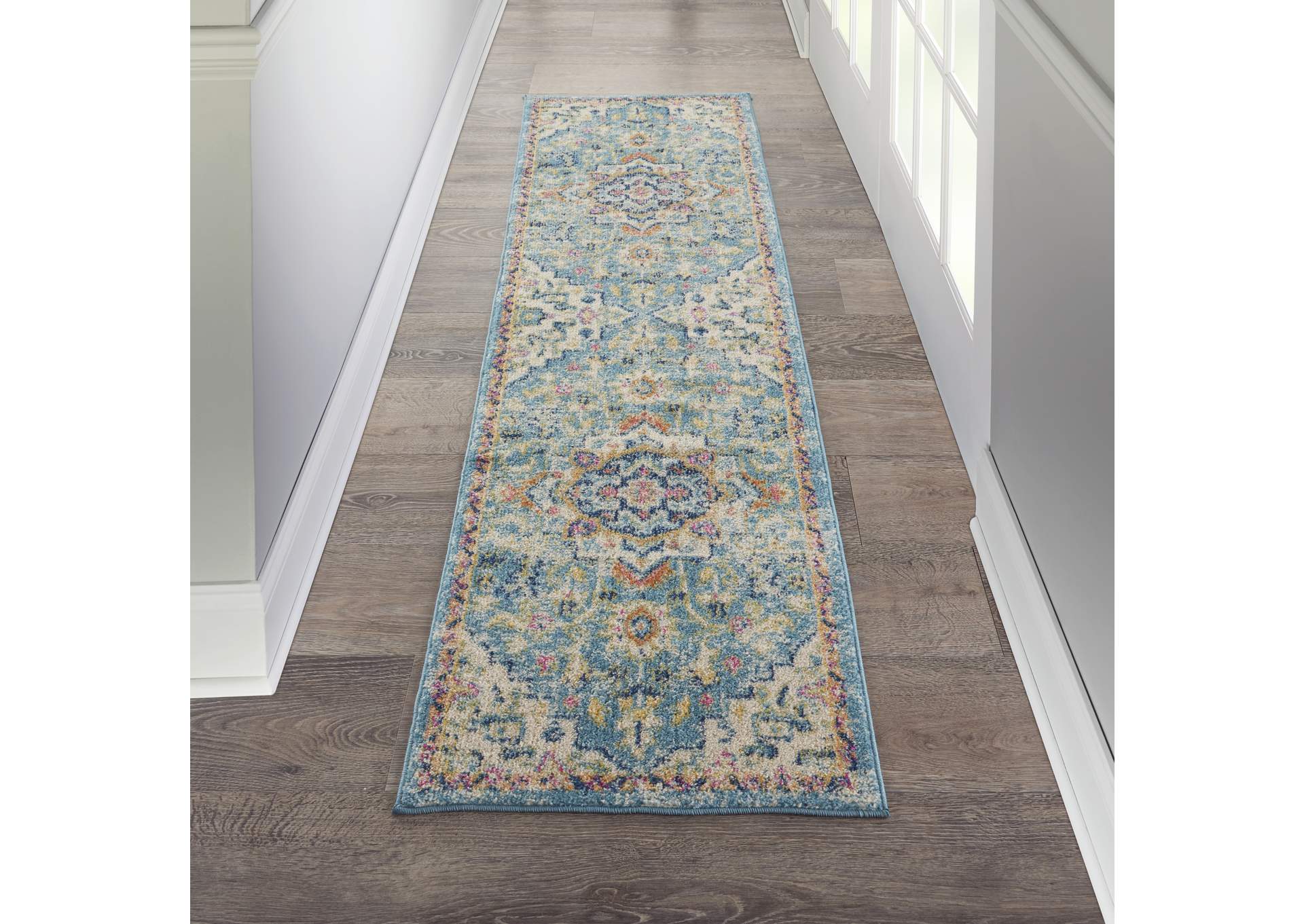 Nourison Passion 8' Runner Ivory, Light Blue Bohemian Area Rug,Nourison