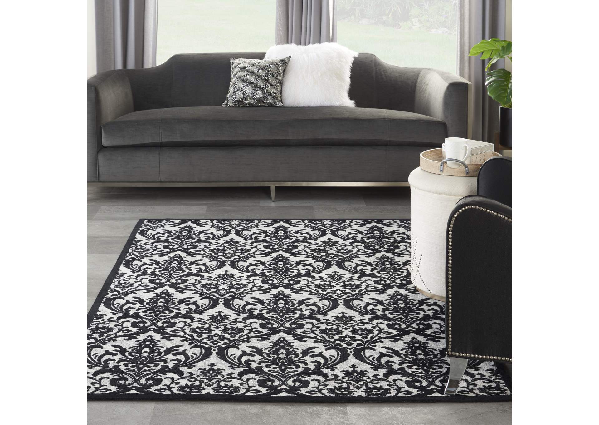 Nourison Damask DAS02 Black and White 5'x7' Vintage Area Rug,Nourison