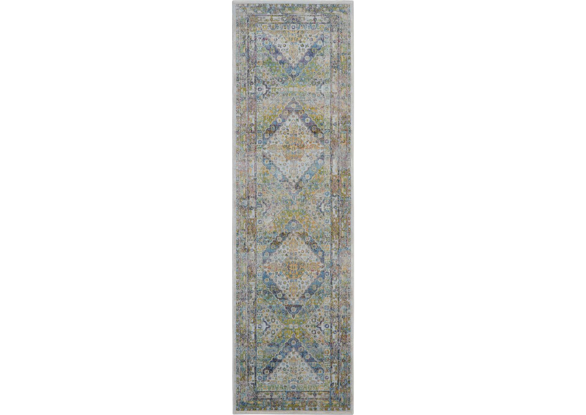 Nourison Ankara Global ANR07 Blue and Green 8' Runner Low-pile Hallway Rug,Nourison