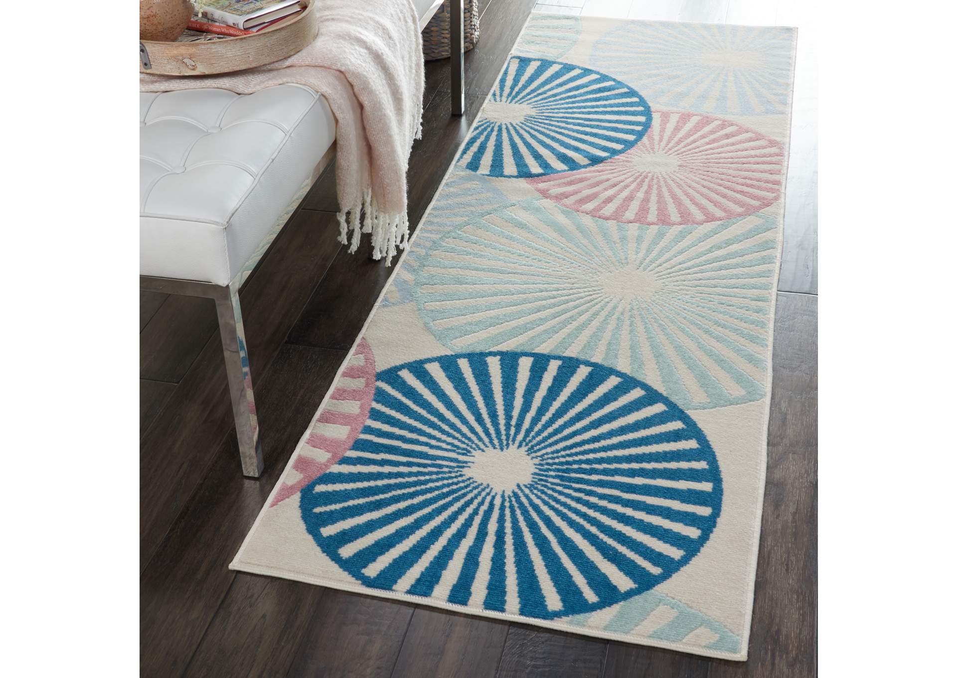 Nourison Grafix GRF20 White and Blue 8' Runner Hallway Rug,Nourison
