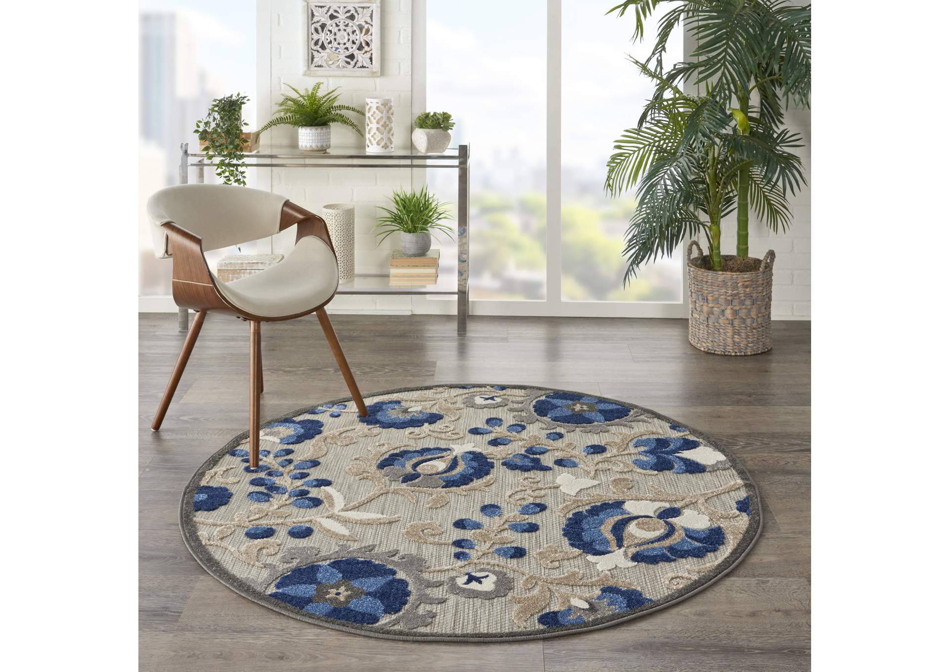 Nourison Aloha 5' Round Blue Patio Area Rug,Nourison
