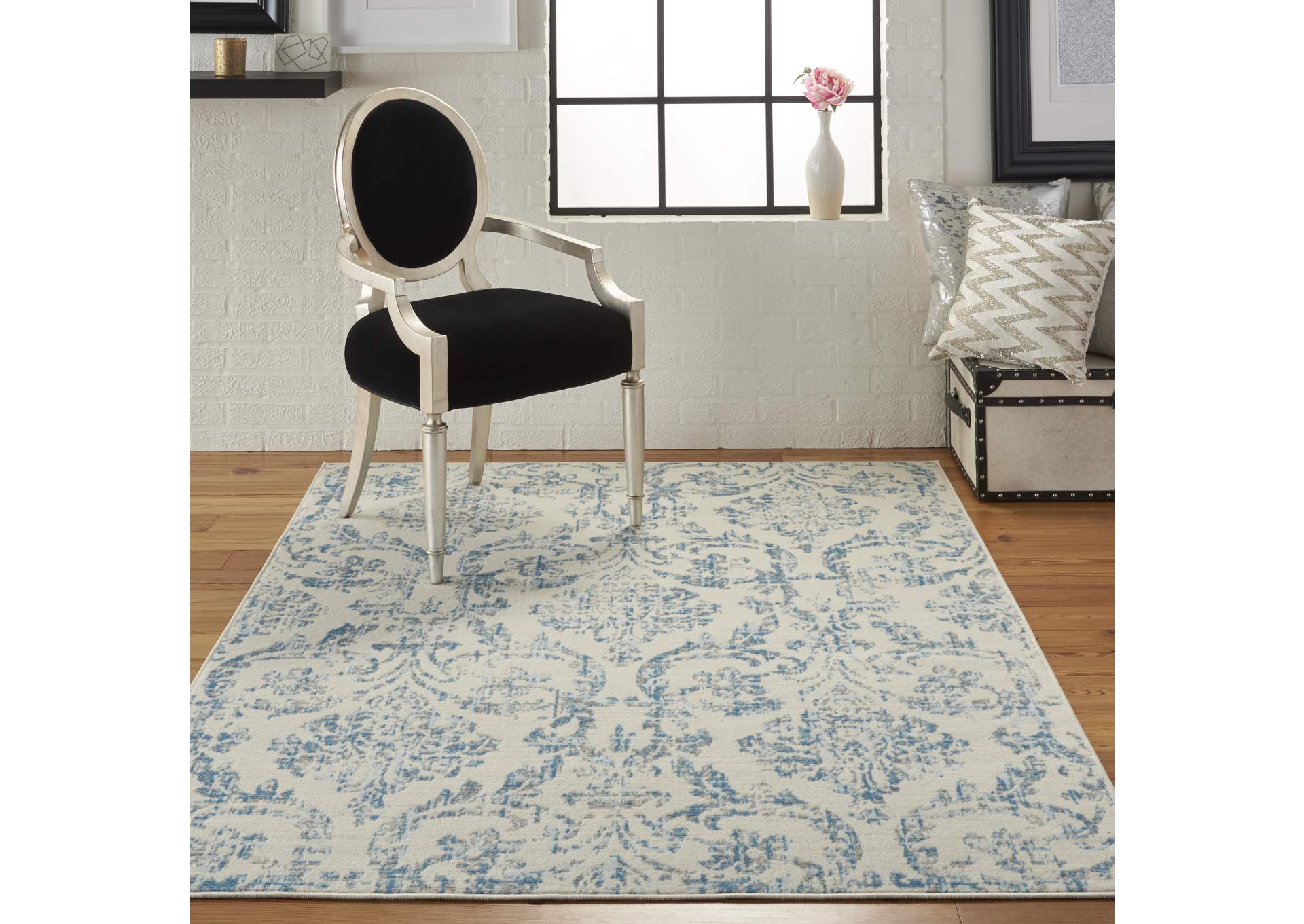 Nourison Jubilant JUB09 White and Blue 5'x7' Farmhouse Area Rug,Nourison