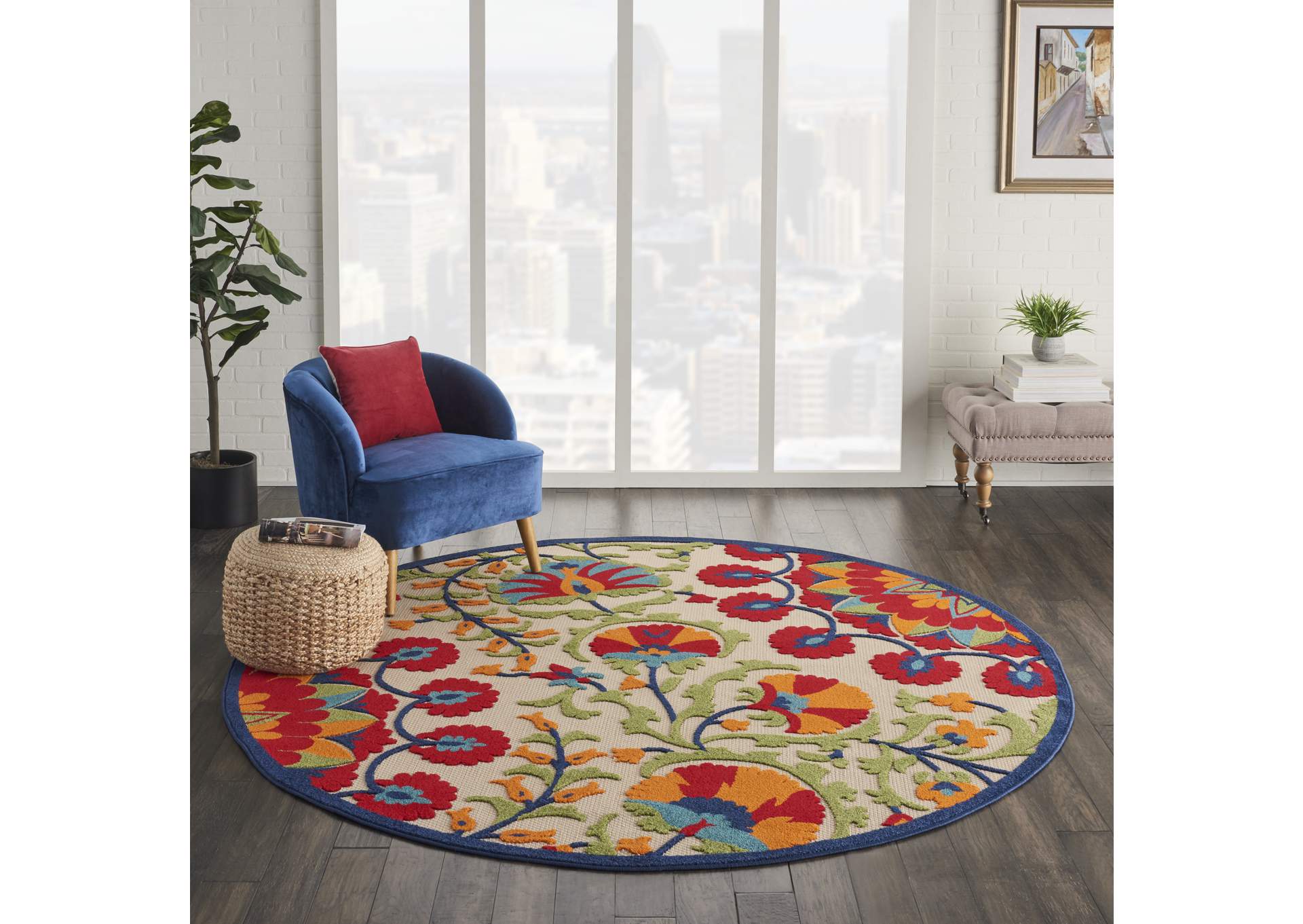 Nourison Aloha ALH20 8' Round Red Multicolor Easy-care Indoor-outdoor Rug,Nourison