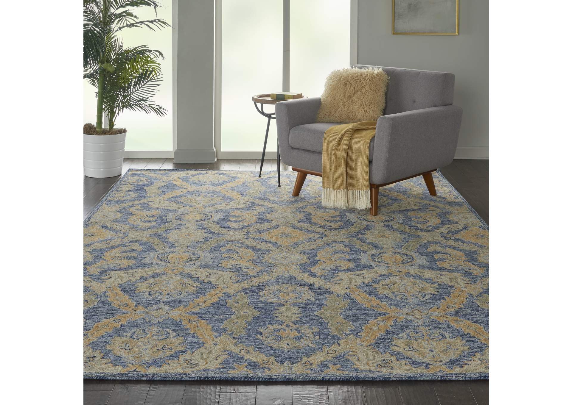 Nourison Azura AZM03 Navy and Gold 8'x11' Pure Wool Handcrafted Rug,Nourison