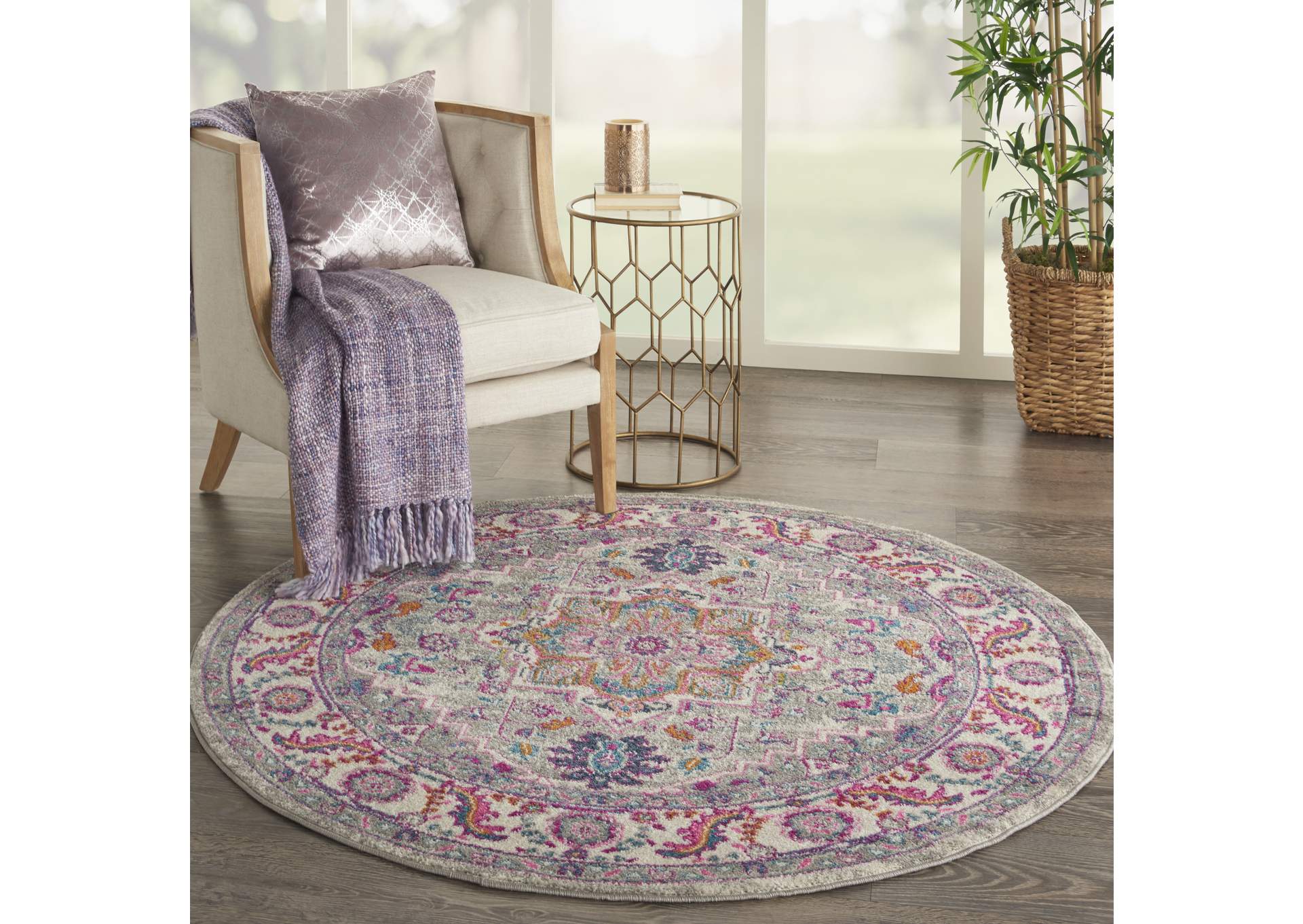 Nourison Passion PSN20 Grey and Pink 5' Round Persian Area Rug,Nourison