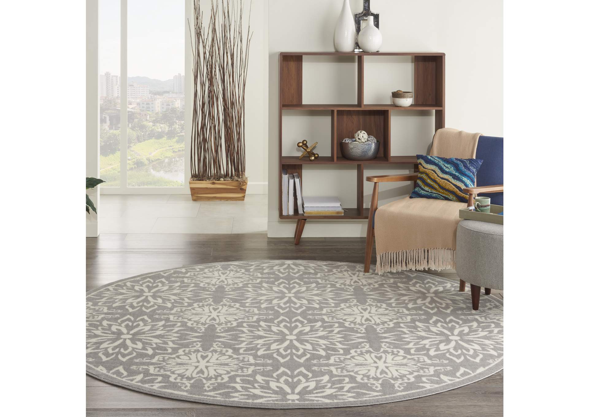 Nourison Jubilant JUB06 Grey 8' Round Floral Area Rug,Nourison