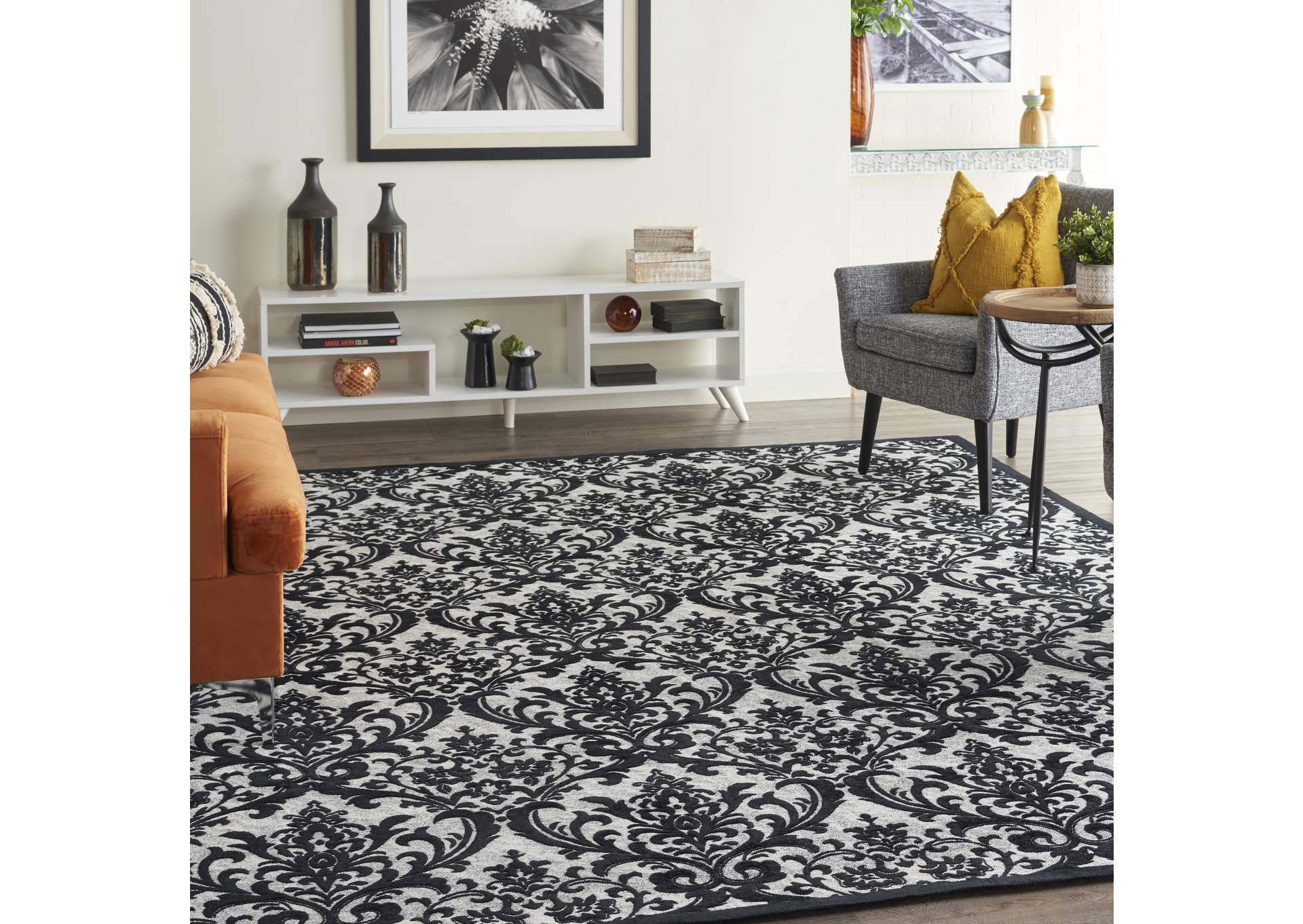 Nourison Damask DAS02 Black and White 8'x10' Large Flat Rug,Nourison