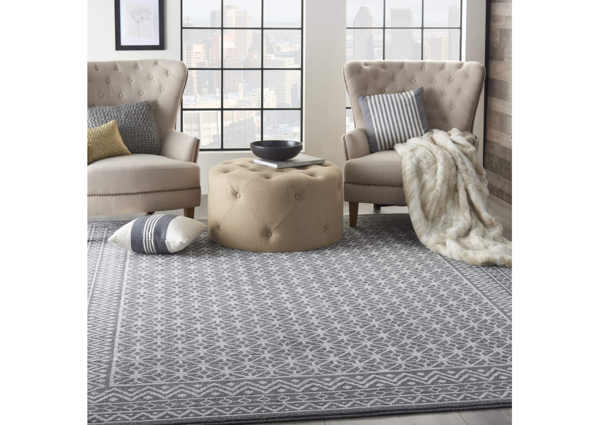 Nourison Palermo 7' x 10' Charcoal Grey and Silver Distressed Bohemian Area Rug,Nourison