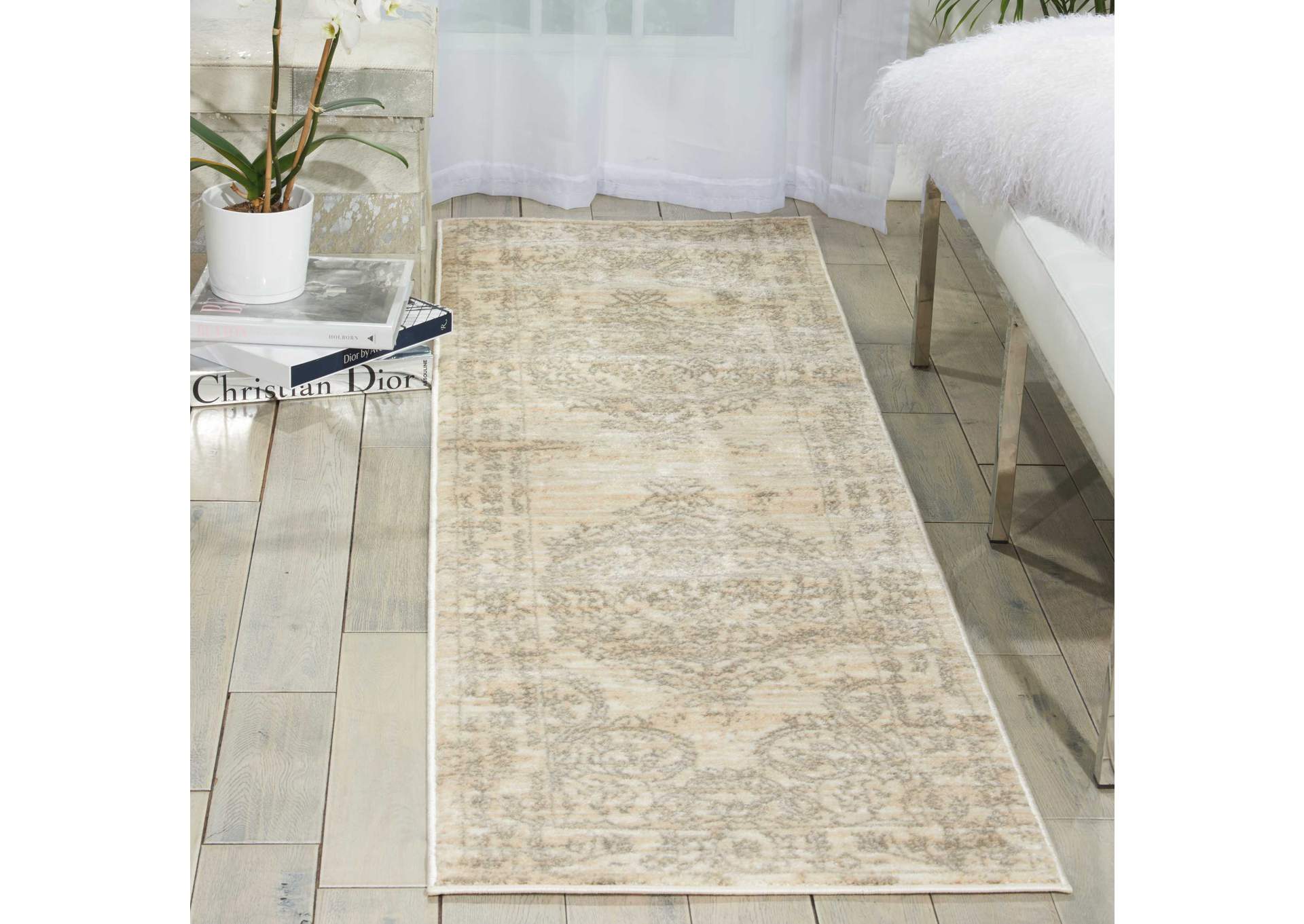 Nourison Euphoria EUP04 White and Beige 8' Runner Hallway Rug,Nourison