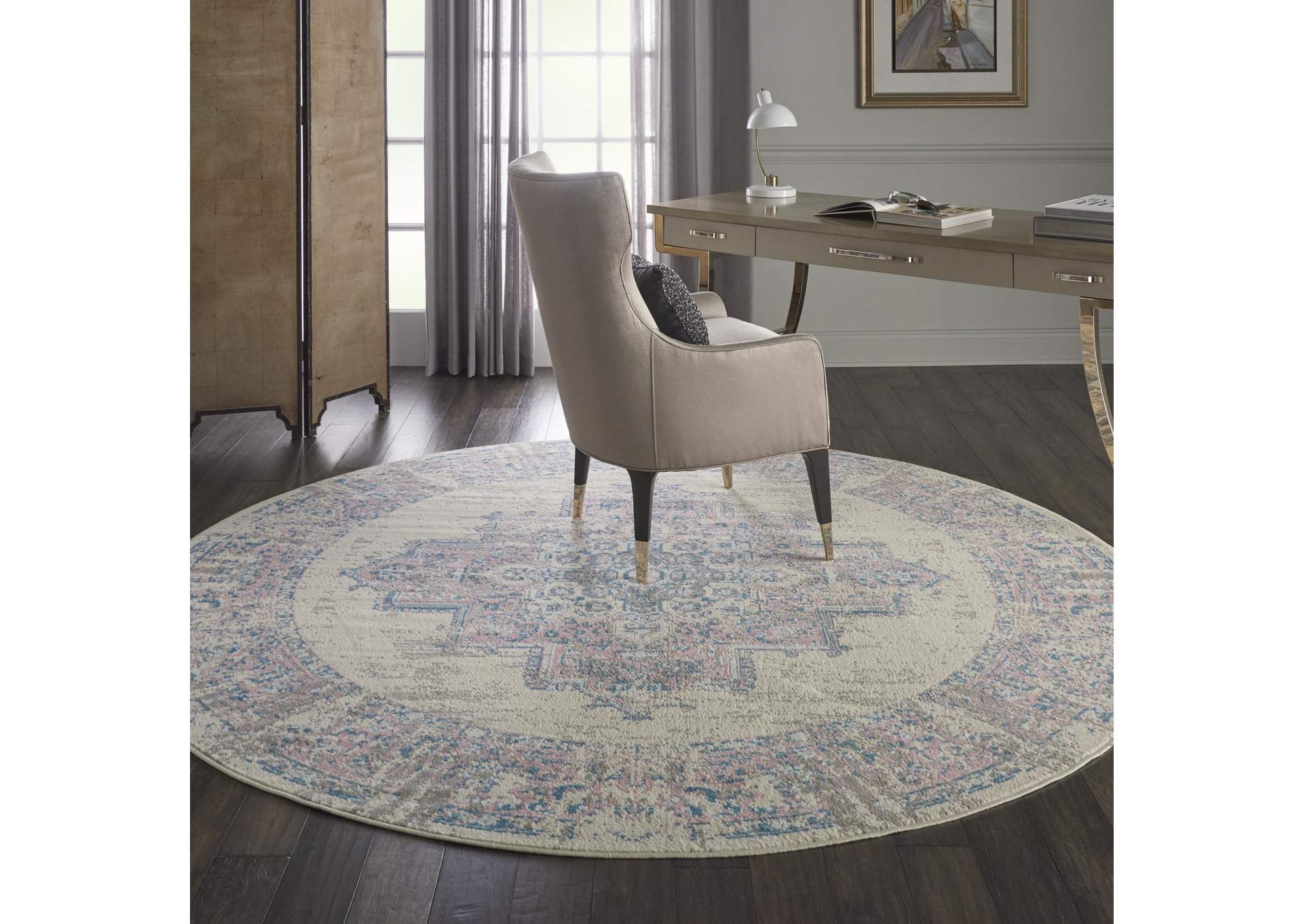 Nourison Grafix GRF14 White and Pink 8' Round Large Rug,Nourison