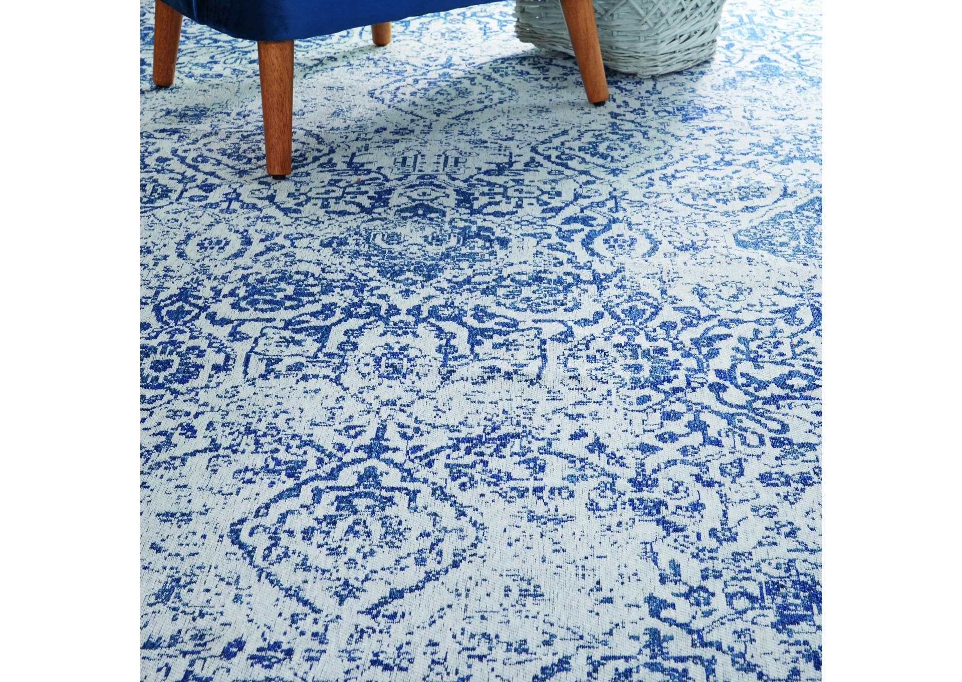 Nourison Damask DAS06 Dark Blue and White 6'x9' Vintage Area Rug,Nourison