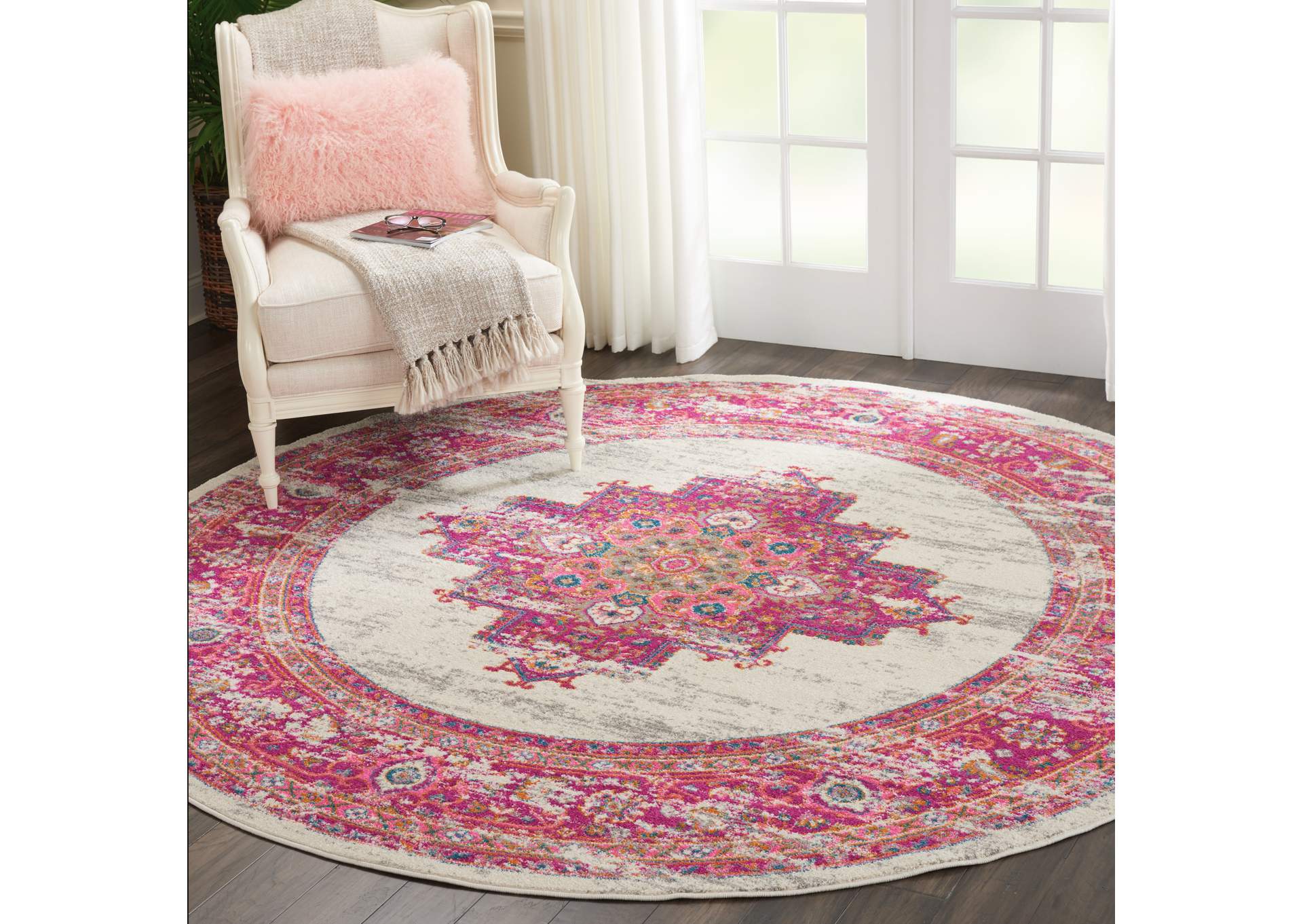 Nourison Passion PSN03 Pink and White 8' Round Large Rug,Nourison