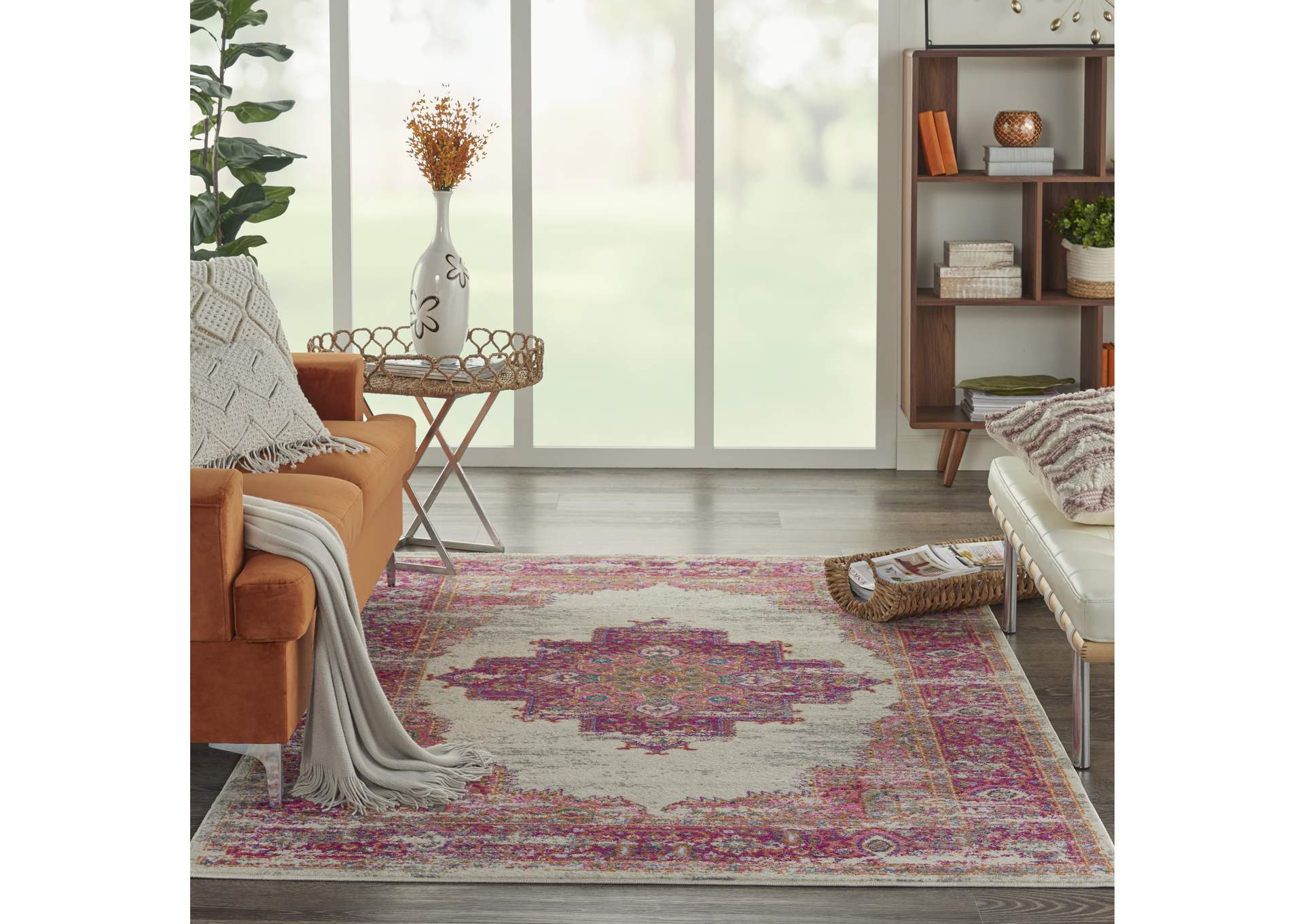Nourison Passion PSN03 Pink and White 4'x6' Vintage Area Rug,Nourison