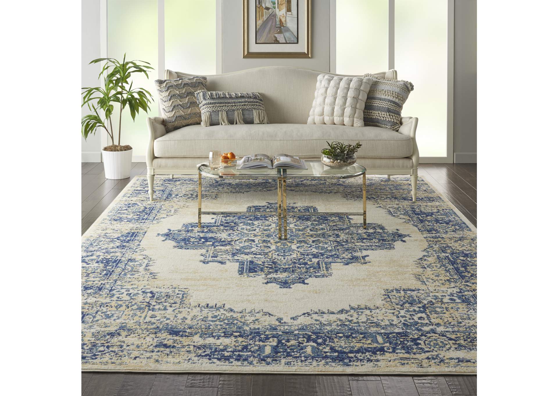 Nourison Grafix GRF14 White and Blue 8'x10' Large Rug,Nourison