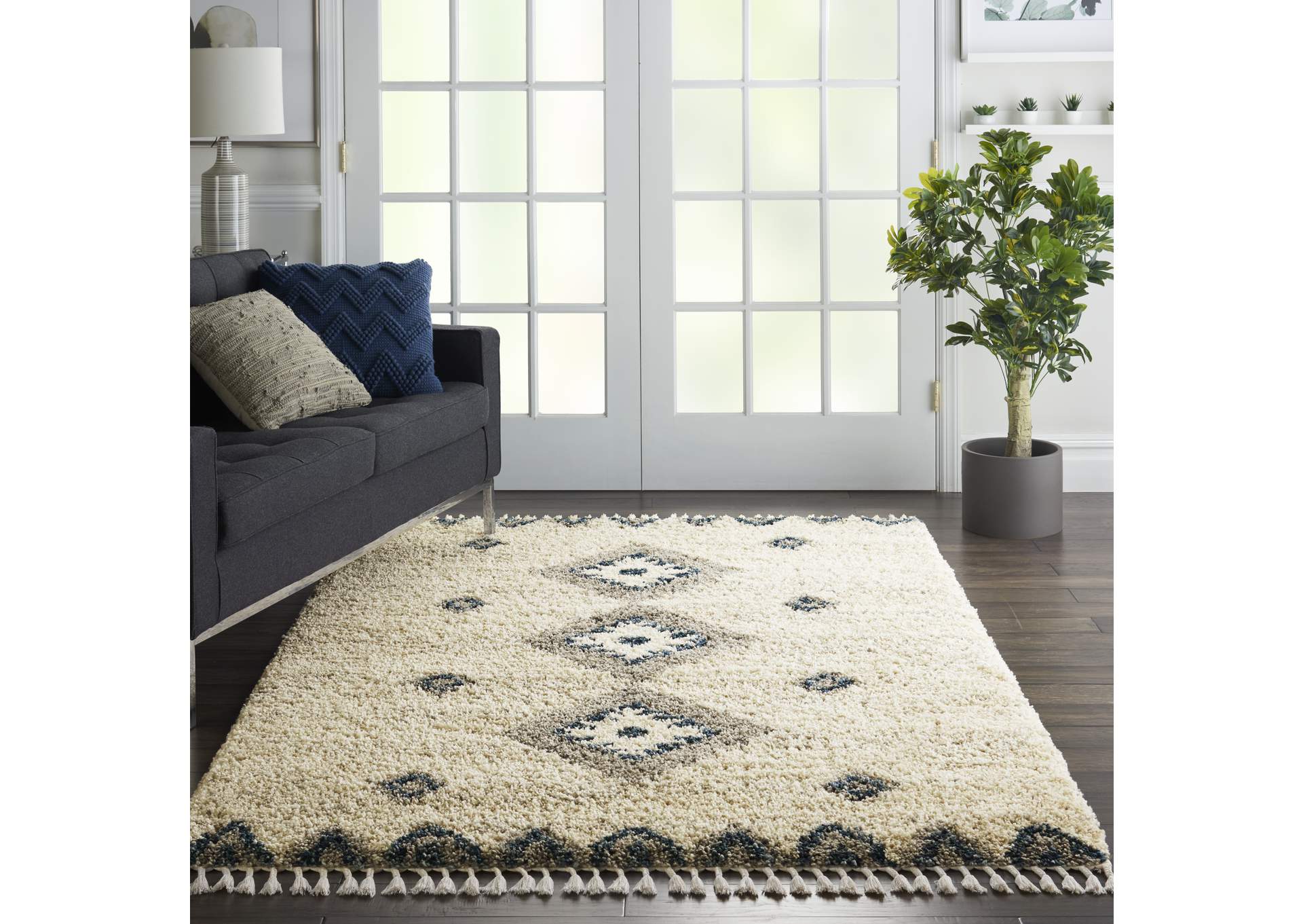 Nourison Oslo Shag OSL03 4'x6' Ivory and Blue Scandinavian Shag Rug,Nourison