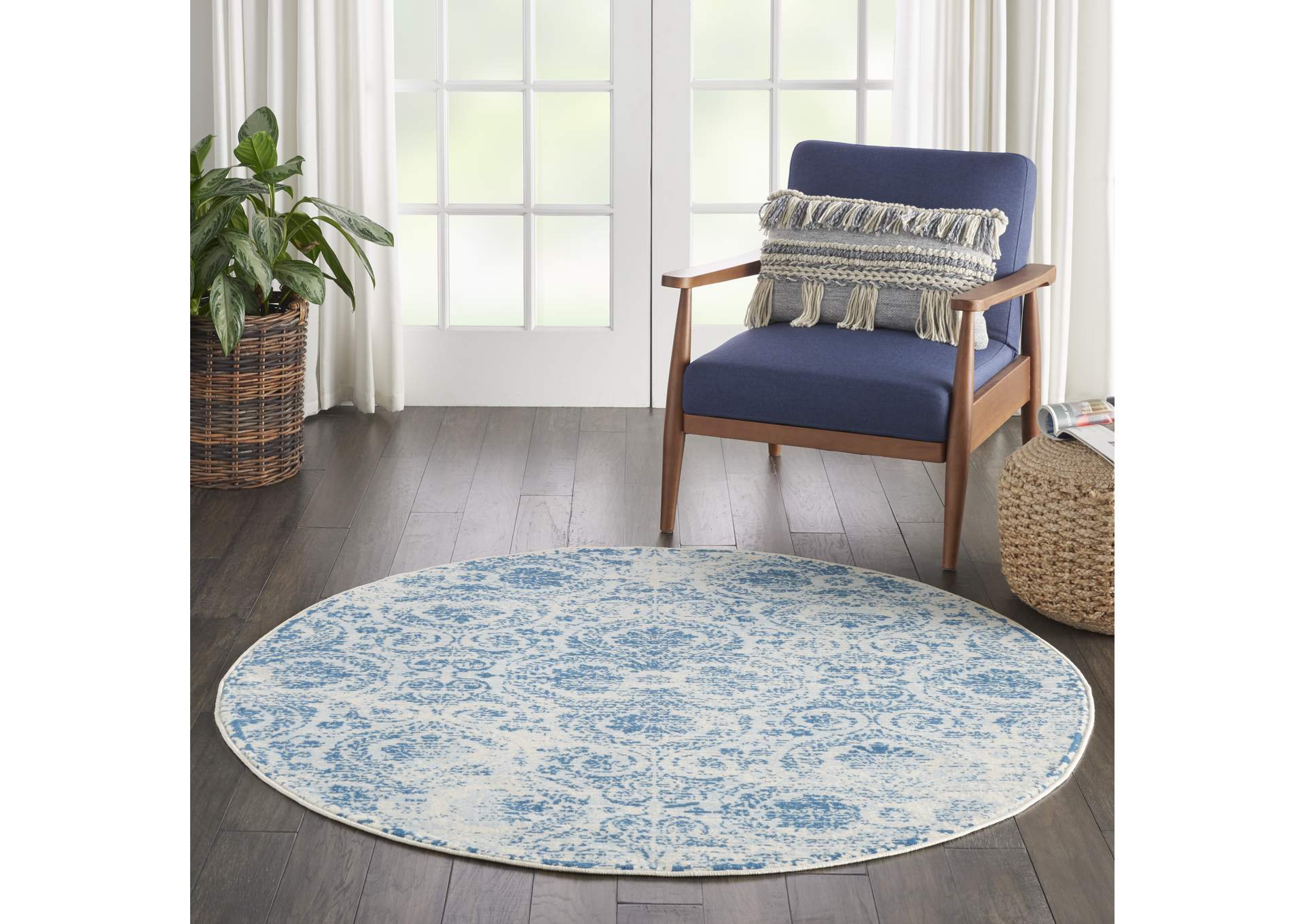 Nourison Jubilant JUB05 Teal Blue 5' Round Vintage Area Rug,Nourison