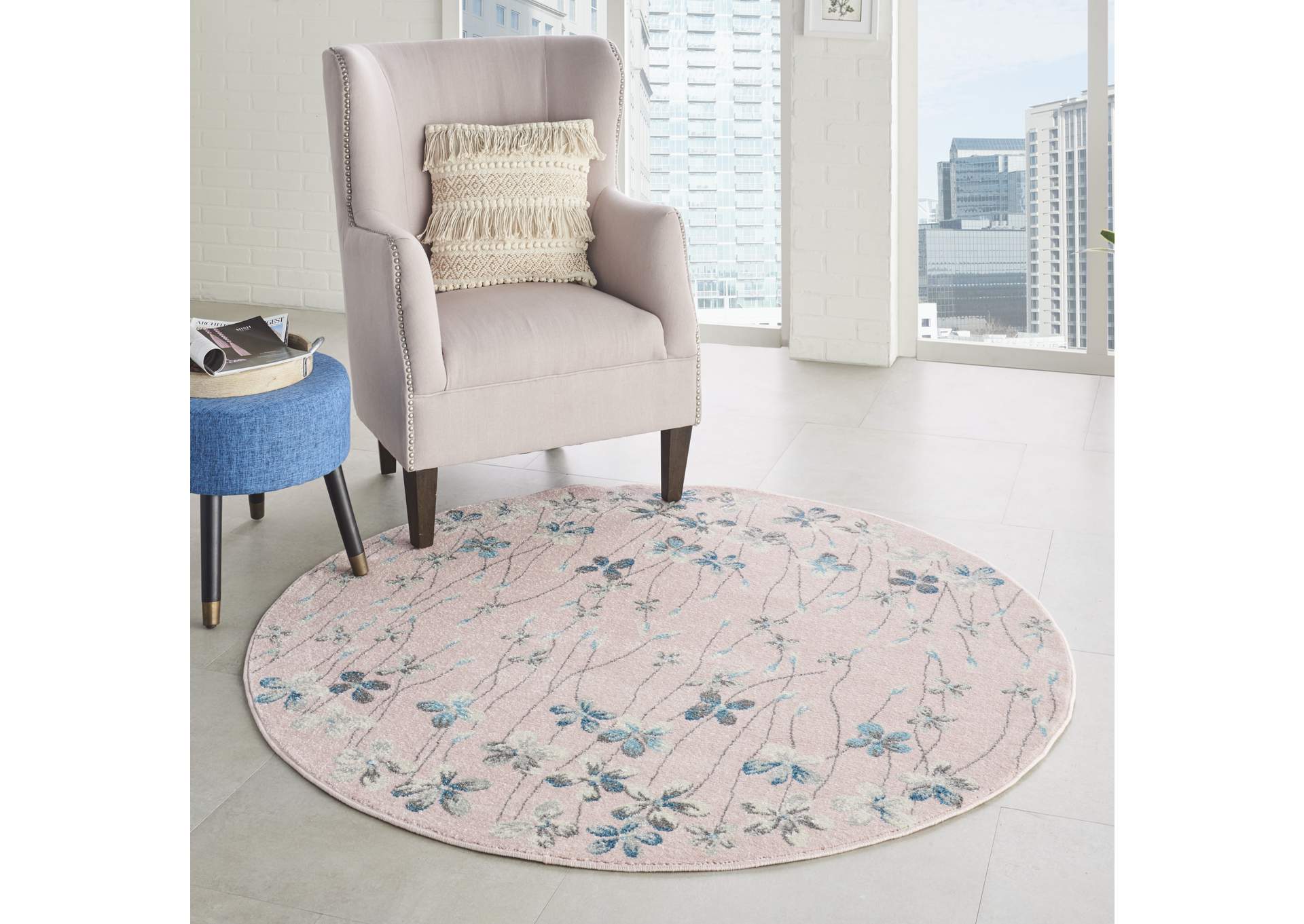 Nourison Tranquil TRA04 Pink 5' Round Floral Area Rug,Nourison