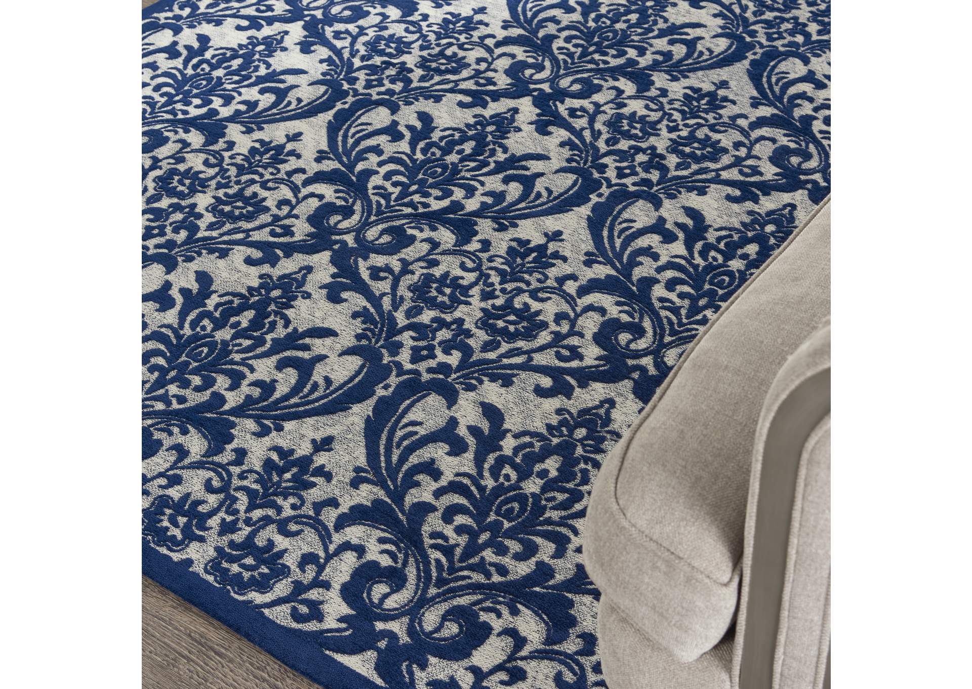 Nourison Damask DAS02 Dark Blue and White 5'x7' Vintage Area Rug,Nourison
