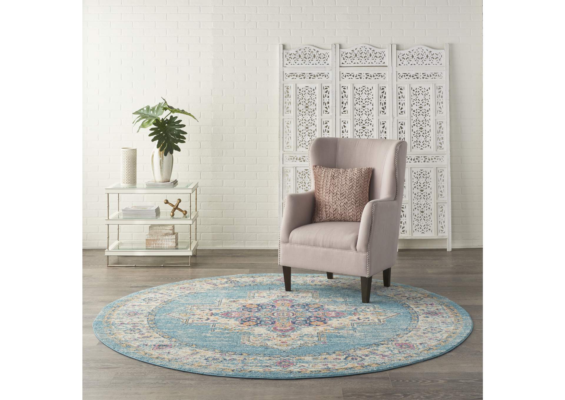 Nourison Passion 8' Round Ivory Light Blue Area Rug,Nourison