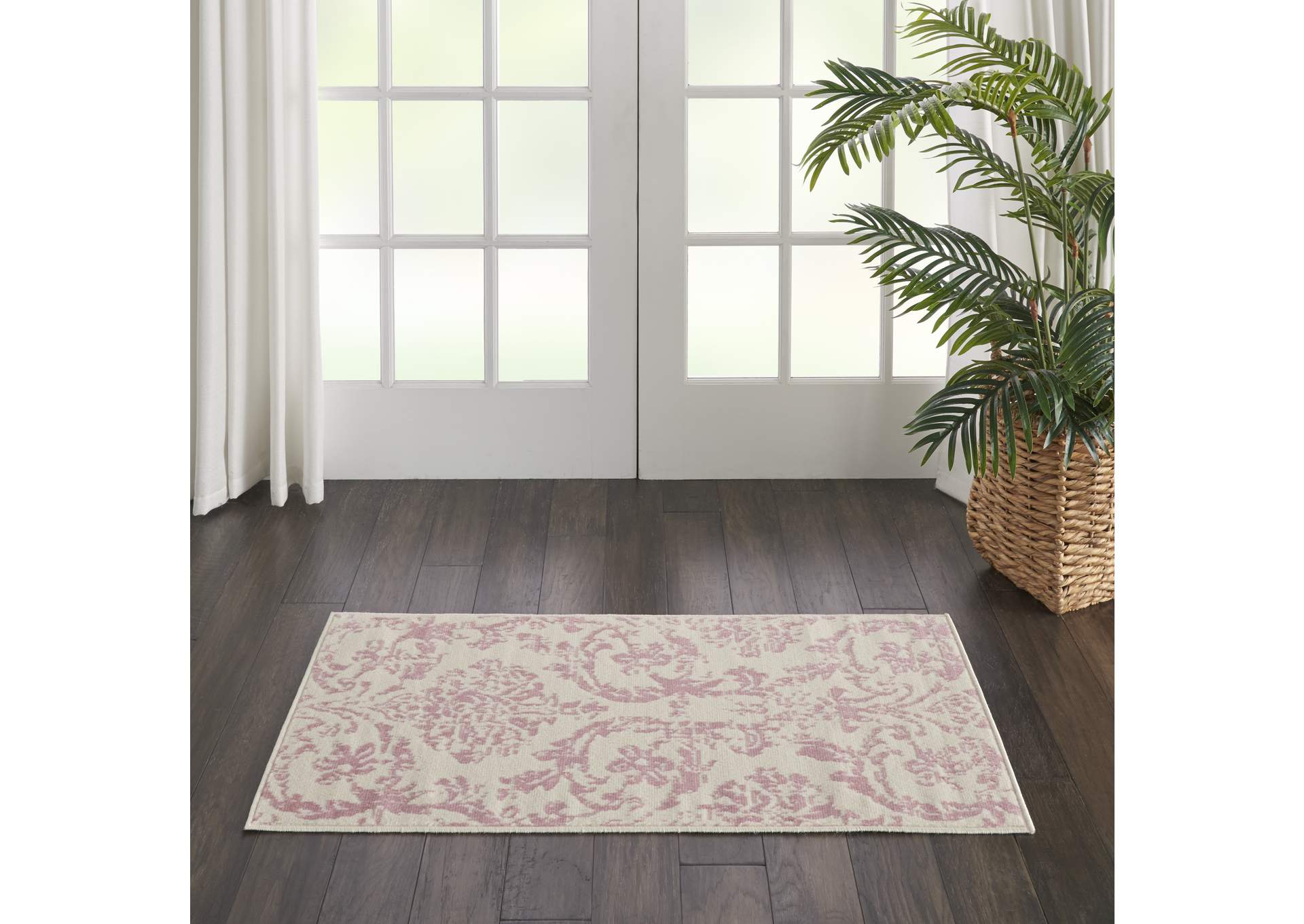 Nourison Jubilant 2' x 4' Small White and Pink Damask Area Rug,Nourison