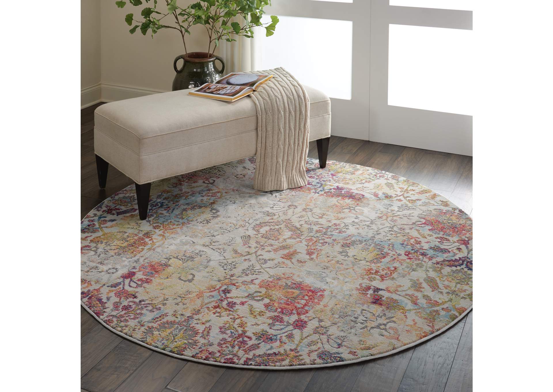 Nourison Ankara Global ANR06 White and Orange 6' Round French Country Area Rug,Nourison