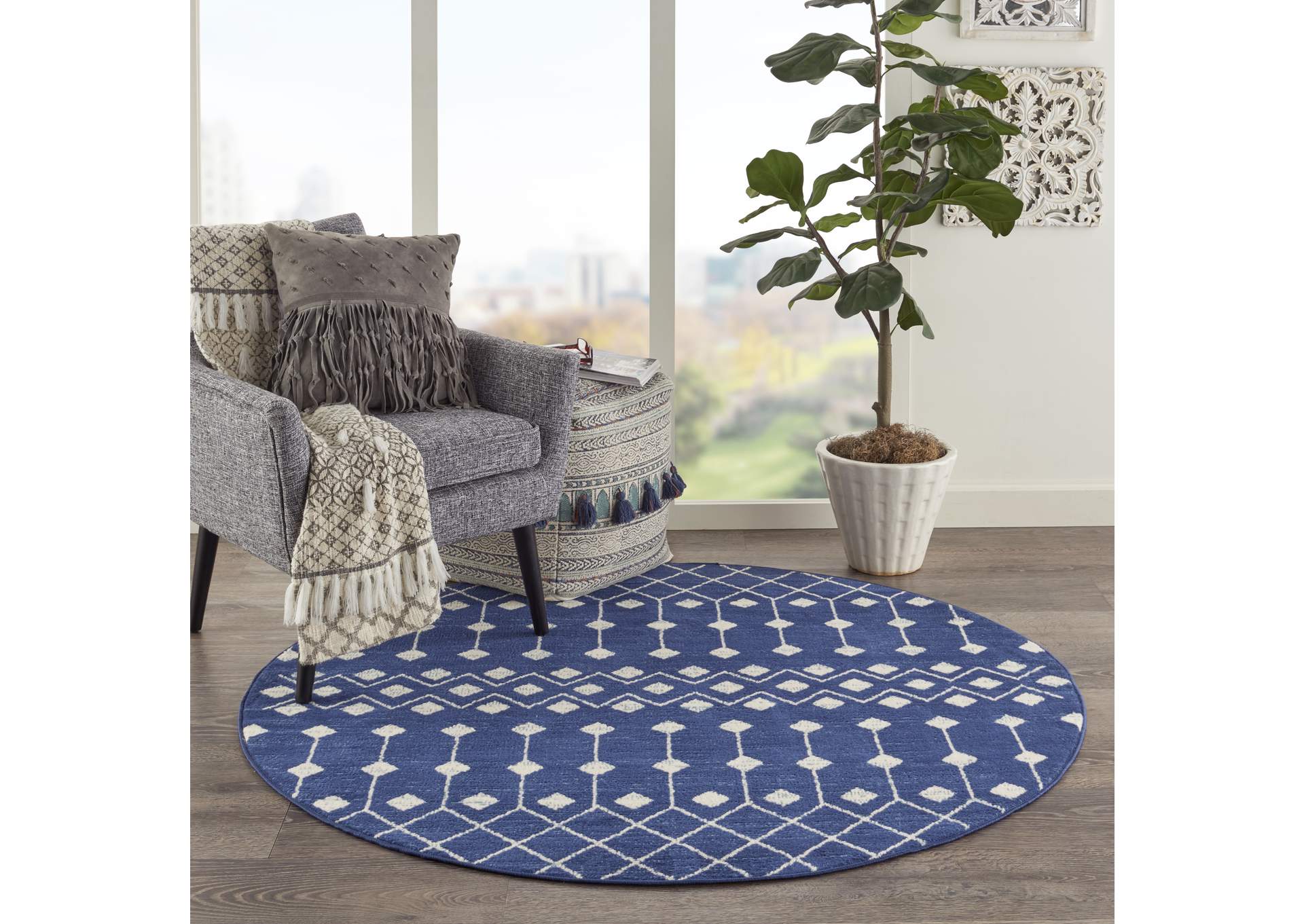 Nourison Grafix 5' Round Navy Area Rug,Nourison