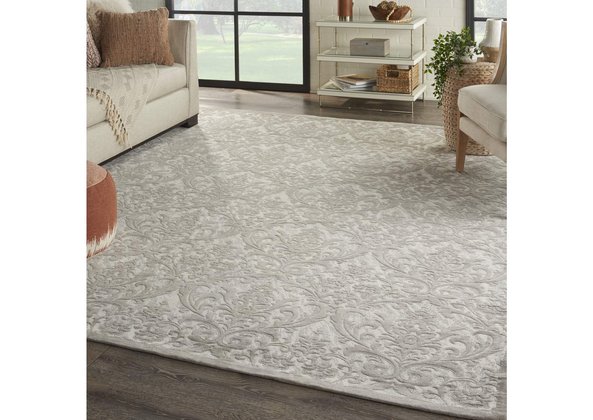 Nourison Damask DAS02 Grey and White 8'x10' Large Flat Rug,Nourison