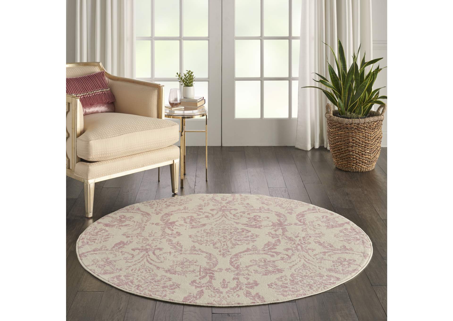 Nourison Jubilant JUB09 White and Pink 5' Round Farmhouse Area Rug,Nourison