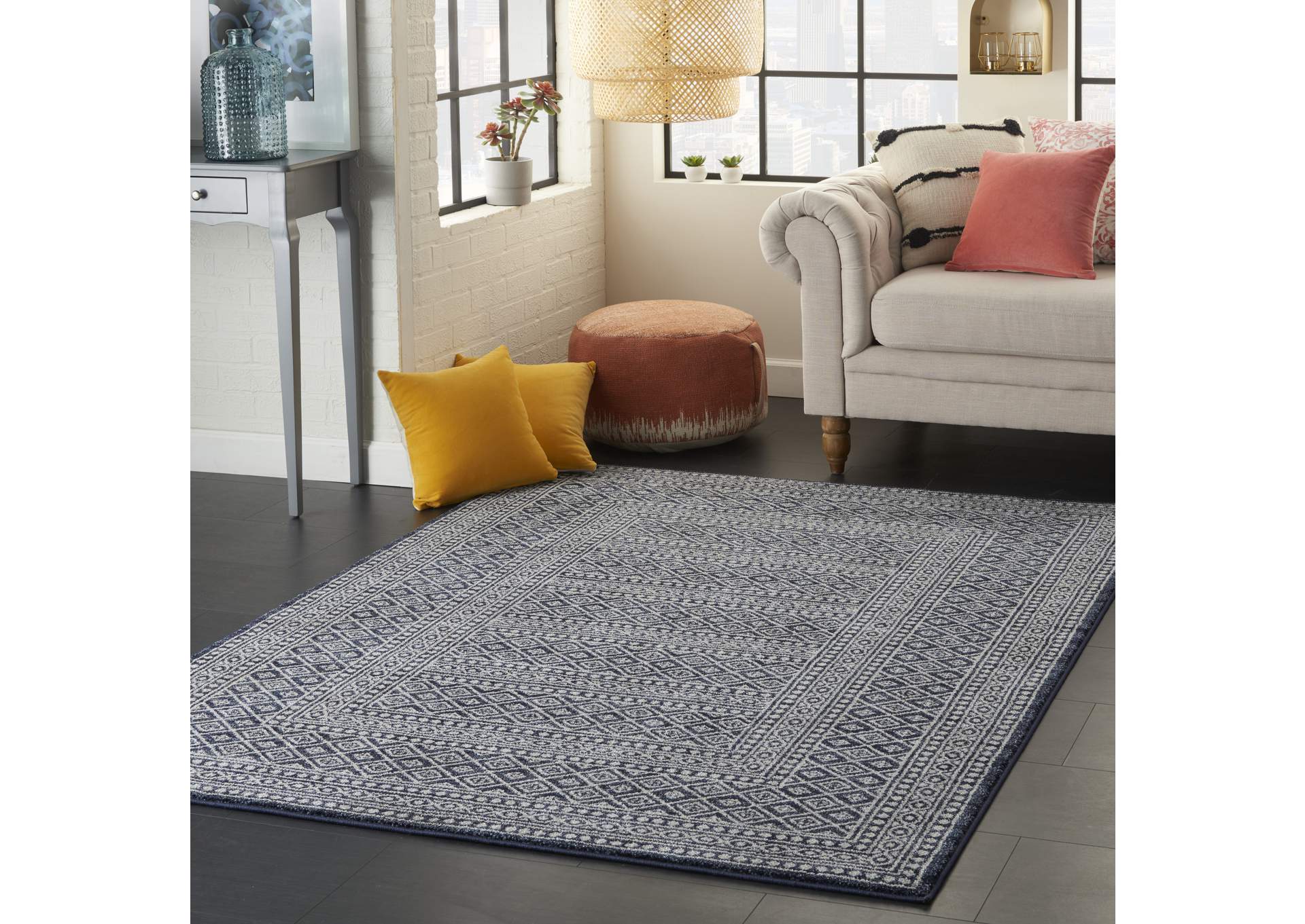 Nourison Palermo 5' x 7' Navy and Grey Distressed Bohemian Area Rug,Nourison